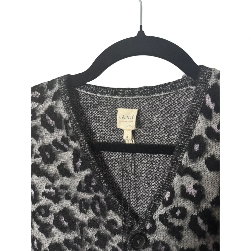 La Vie Rebecca Taylor Leopard Print Cardigan Grey Black Jacquard Sweater NWT S